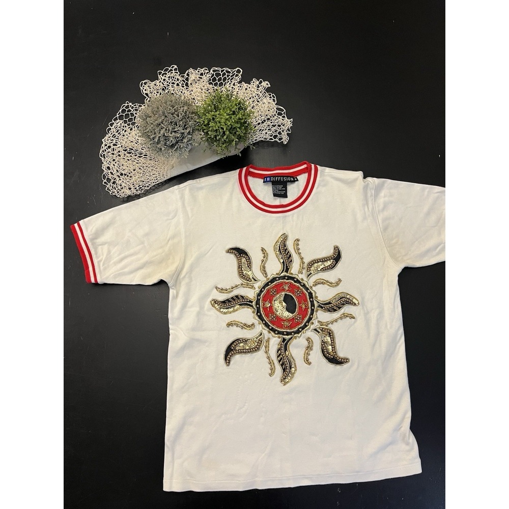 I.B. Diffusion Vintage 90s Red White Celestial Sun Beaded Sequin Ringer Tee Sz S